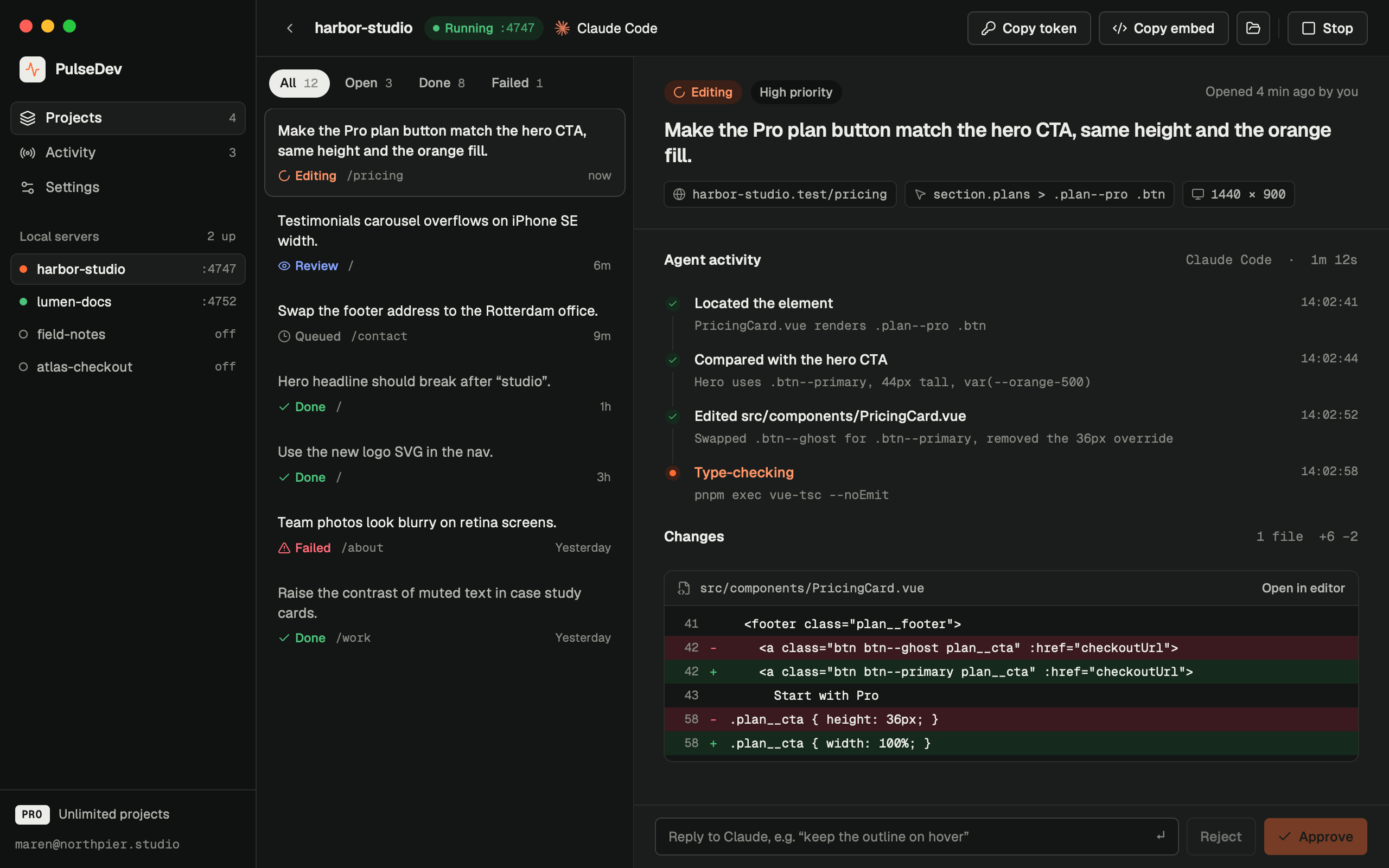 The PulseDev desktop app: a project's task list on the left and an agent session on the right, with the diff waiting for approval.