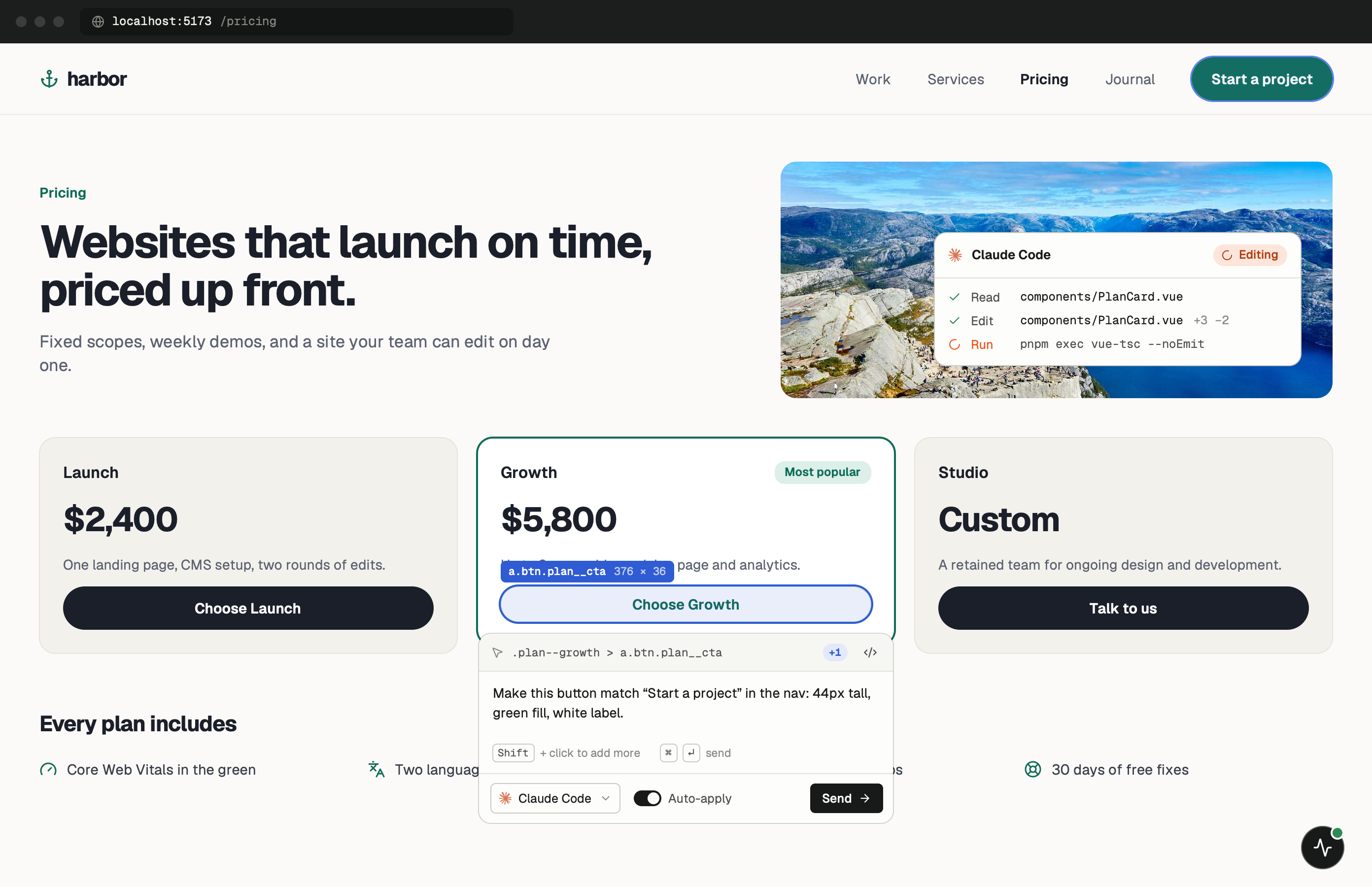 PulseDev on a running Vue site: the Growth plan button is outlined with its selector, and a comment box asks the agent to restyle it.